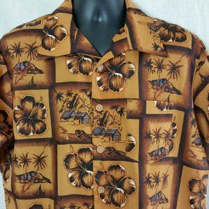 Vintage Big Sur Hawaiian Shirt Brown Mens Large Floral Tiki Hut Big Collar 70s